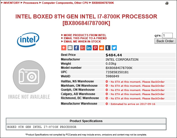 加拿大電商 PC Canada 曝光 Intel Coffee Lake Core i7-8700K 預售價,顯示新處理器加料不加價 - 電腦王阿達 加拿大電商 PC Canada 曝光 Intel Coffee Lake Core i7-8700K 預售價,顯示新處理器加料不加價 - 電腦王阿達