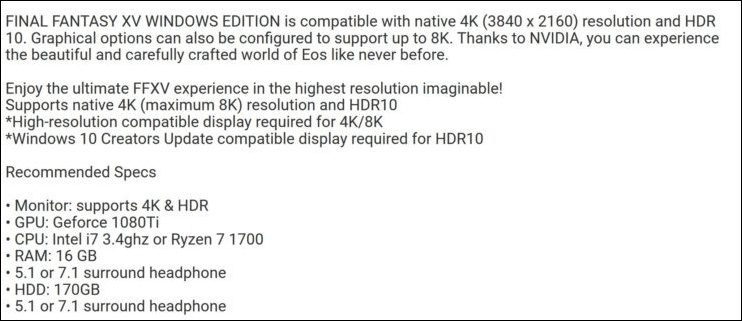 疑似 Final Fantasy XV Windows Edition 建議配備的說法被曝光，顯卡配備竟非 GTX 1080 Ti 不可 - 電腦王阿達