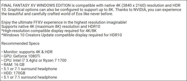 疑似 Final Fantasy XV Windows Edition 建議配備的說法被曝光,顯卡配備竟非 GTX 1080 Ti 不可 - 電腦王阿達 疑似 Final Fantasy XV Windows Edition 建議配備的說法被曝光,顯卡配備竟非 GTX 1080 Ti 不可 - 電腦王阿達