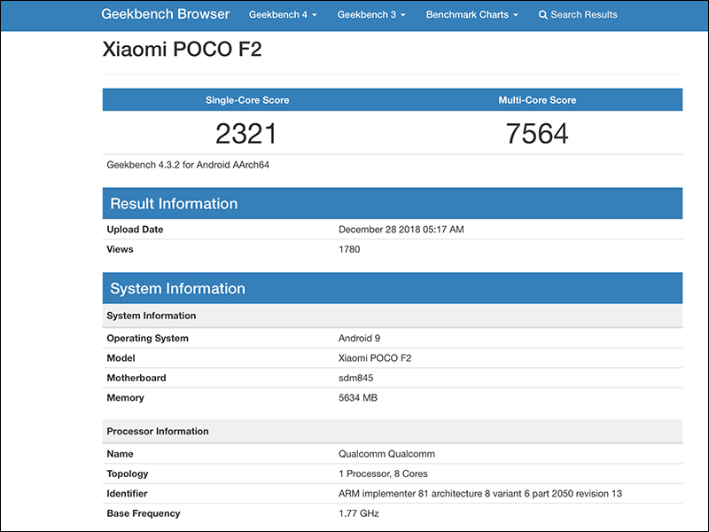 小米 Pocophone F2 現身 Geekbench 資料庫,仍將搭載 S845 處理器? - 電腦王阿達 小米 Pocophone F2 現身 Geekbench 資料庫,仍將搭載 S845 處理器? - 電腦王阿達