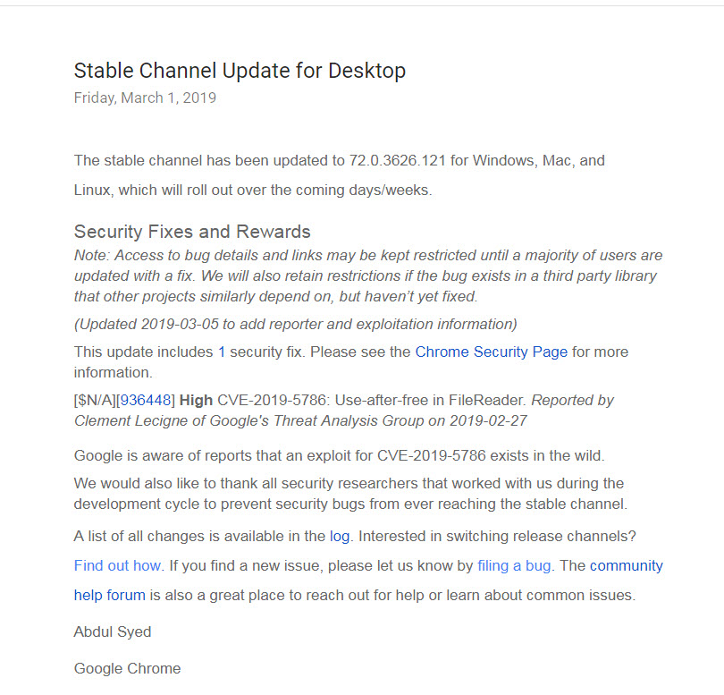  Chrome 漏洞CVE-2019-5786重大更新
