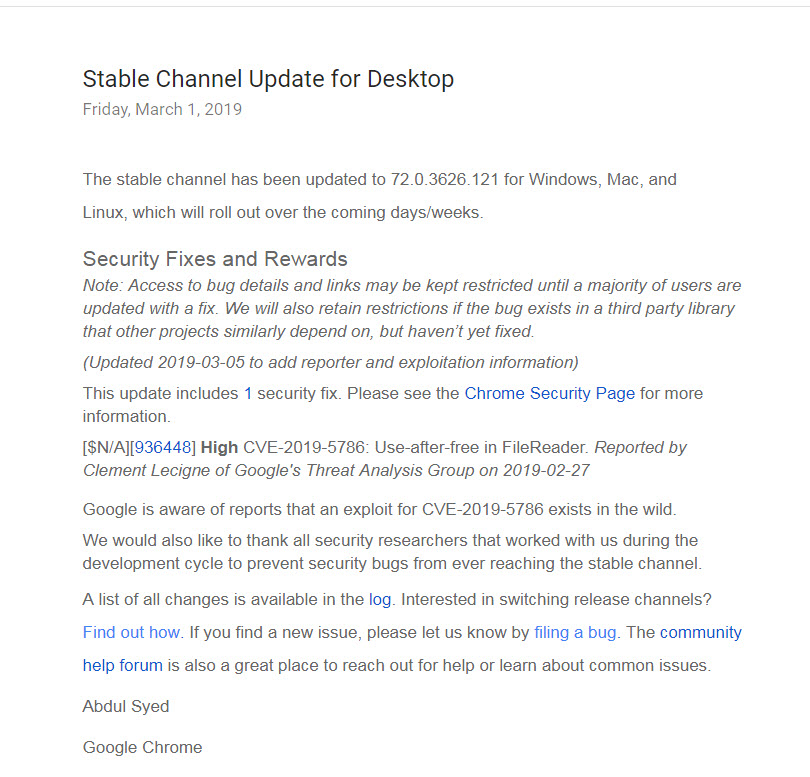 Google 提供 Chrome 重大更新 避免駭客持續濫用漏洞 - 電腦王阿達 Chrome 漏洞CVE-2019-5786重大更新
