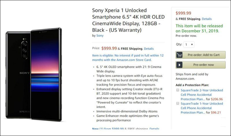 Sony Xperia 1 意外上架美國 Amazon，售價 999 美元？ - 電腦王阿達