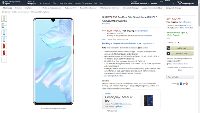 Huawei P30 Pro 售價、發售日期提前在 Amazon 曝光, 8G/128G 歐洲售價約 35,600 元 - 電腦王阿達 Huawei P30 Pro 售價、發售日期提前在 Amazon 曝光, 8G/128G 歐洲售價約 35,600 元 - 電腦王阿達