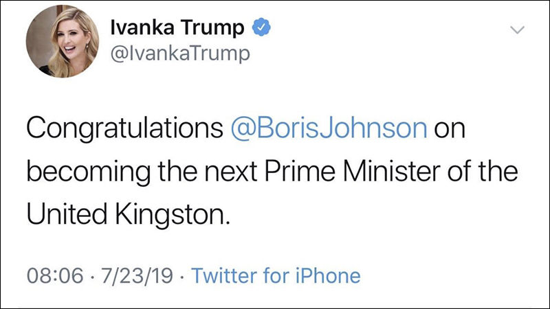 美國總統川普女兒伊凡卡 Twitter 祝賀新英國首相,意外將 Kingdom 打成「 Kingston 」 - 電腦王阿達 美國總統川普女兒伊凡卡 Twitter