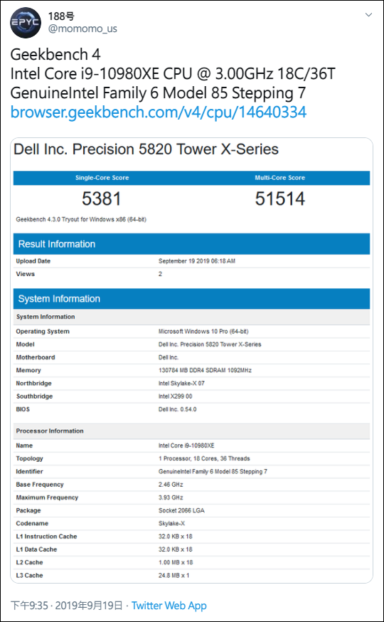2019-09-20 19_03_05-Twitter 上的 188号:_Geekbench 4 Intel Core i9-10980XE CPU @ 3.00GHz 18C_36T Genuine 2019-09-20 19_03_05-Twitter 上的 188号:_Geekbench 4 Intel Core i9-10980XE CPU @ 3.00GHz 18C_36T Genuine