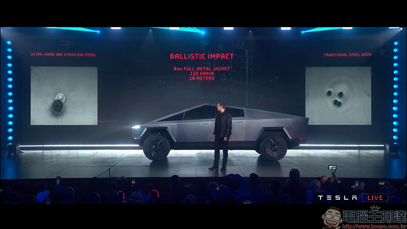 特斯拉 Tesla Cybertruck 電動皮卡正式發表：剽悍外型、防彈車身、護甲玻璃、強悍拖曳能力售價 39,900 美元起 - 電腦王阿達
