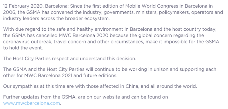 受武漢肺炎影響,GSMA 宣布正式取消 MWC 2020 世界行動通訊大會 - 電腦王阿達 受武漢肺炎影響,GSMA 宣布正式取消 MWC 2020 世界行動通訊大會 - 電腦王阿達