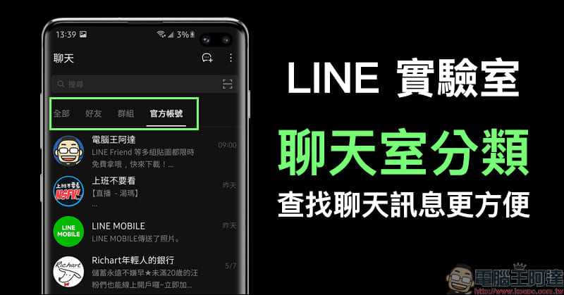 LINE 實驗室推出「聊天室分類」新功能，查找聊天訊息更方便！（Android 版率先體驗） - 電腦王阿達