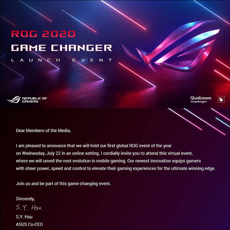 華碩 ROG Phone 3 電競旗艦手機,確認將於台灣時間 7/22 23:00 線上發表 - 電腦王阿達 華碩 ROG Phone 3 電競旗艦手機,確認將於台灣時間 7/22 23:00 線上發表 - 電腦王阿達