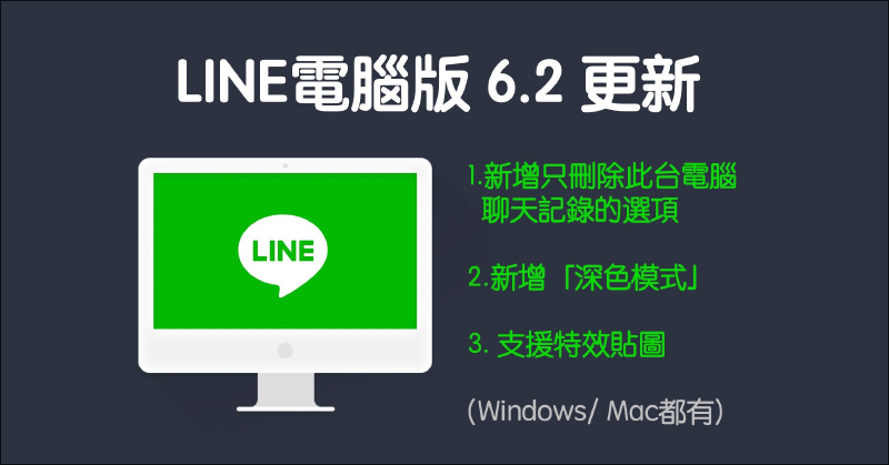 LINE 電腦版 6.2 版本更新：刪除聊天記錄選項優化、深色模式、支援特效貼圖 - 電腦王阿達