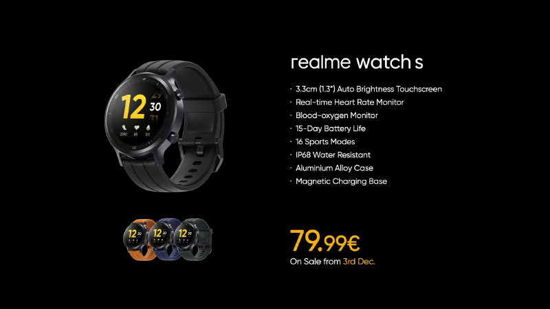 realme Watch S 海外發表：1.3 吋圓形錶盤螢幕、支持血氧與心率監測、IP68 防水與 15 天超長續航 - 電腦王阿達