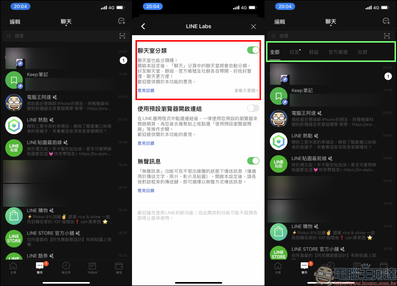 LINE iOS 版也推出「聊天室分類」實驗功能：好友、群組、官方帳號和社群聊天自動分類！ - 電腦王阿達