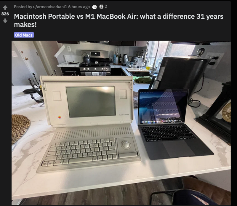 有人搬出珍藏的 Macintosh Portable 與 M1 MacBook Air 擺在一起感受 30 年來的進化 - 電腦王阿達