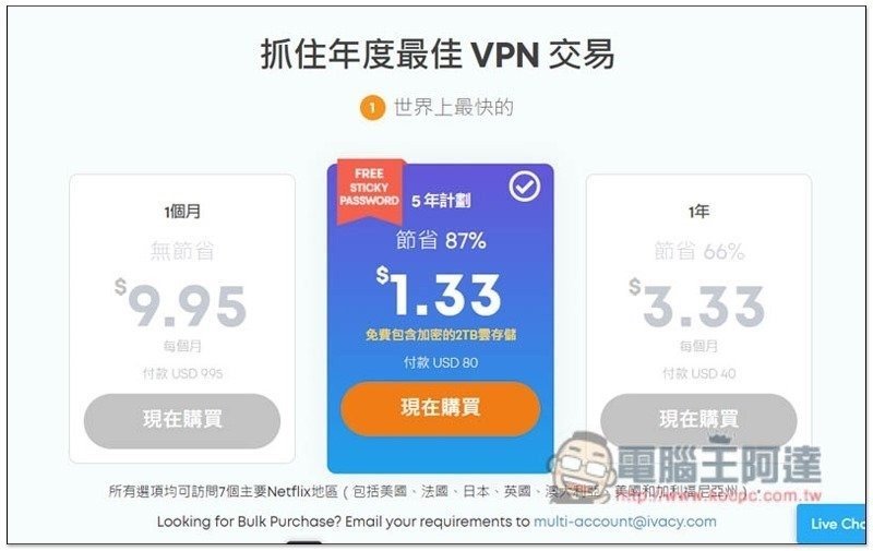 輸入專屬折扣碼，Ivacy VPN 五年方案只需 64 美金（內含速度、Netflix 實測） - 電腦王阿達