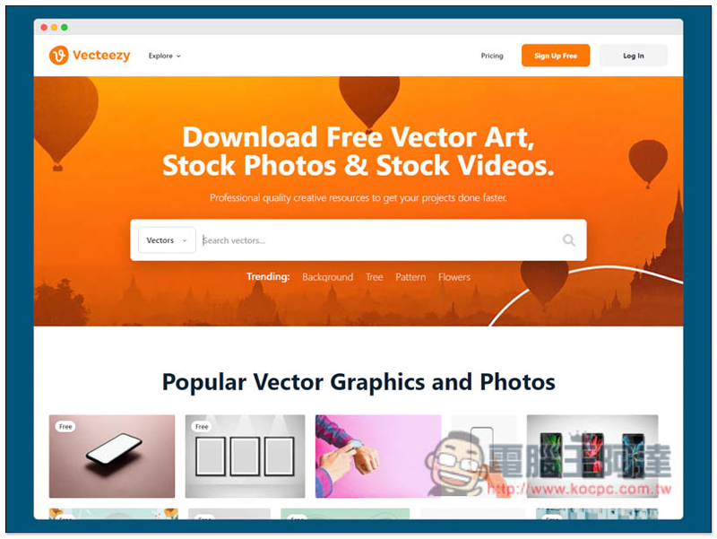 Vecteezy 提供上百萬個免費素材的網站，向量圖、照片、影片片段等都有