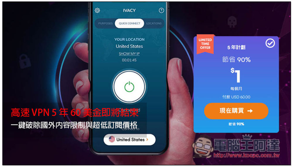 高速 VPN 快閃價格 5 年 60 美金即將結束,一鍵破除國外內容限制與超低訂閱價格,提升你手機、電腦的上網安全隱私 - 電腦王阿達 高速 VPN 快閃價格 5 年 60 美金即將結束,一鍵破除國外內容限制與超低訂閱價格,提升你手機、電腦的上網安全隱私 - 電腦王阿達