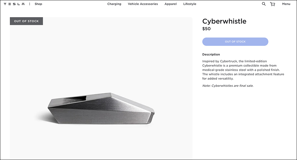 特斯拉「吹」出新品！以 Cybertruck 為靈感推出 Cyberwhistle 哨子，售價 50 美元 - 電腦王阿達