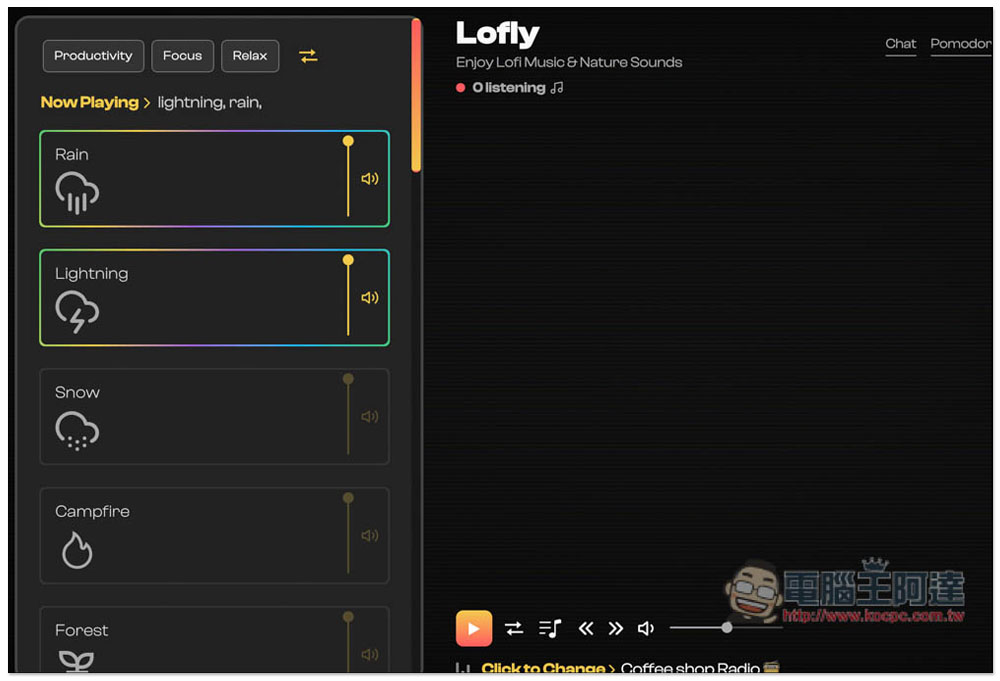 Lofly 提供 Loft 與大自然音樂的免費線上播放器,讓你工作、讀書更專注 - 電腦王阿達 Lofly 提供 Loft 與大自然音樂的免費線上播放器,讓你工作、讀書更專注 - 電腦王阿達