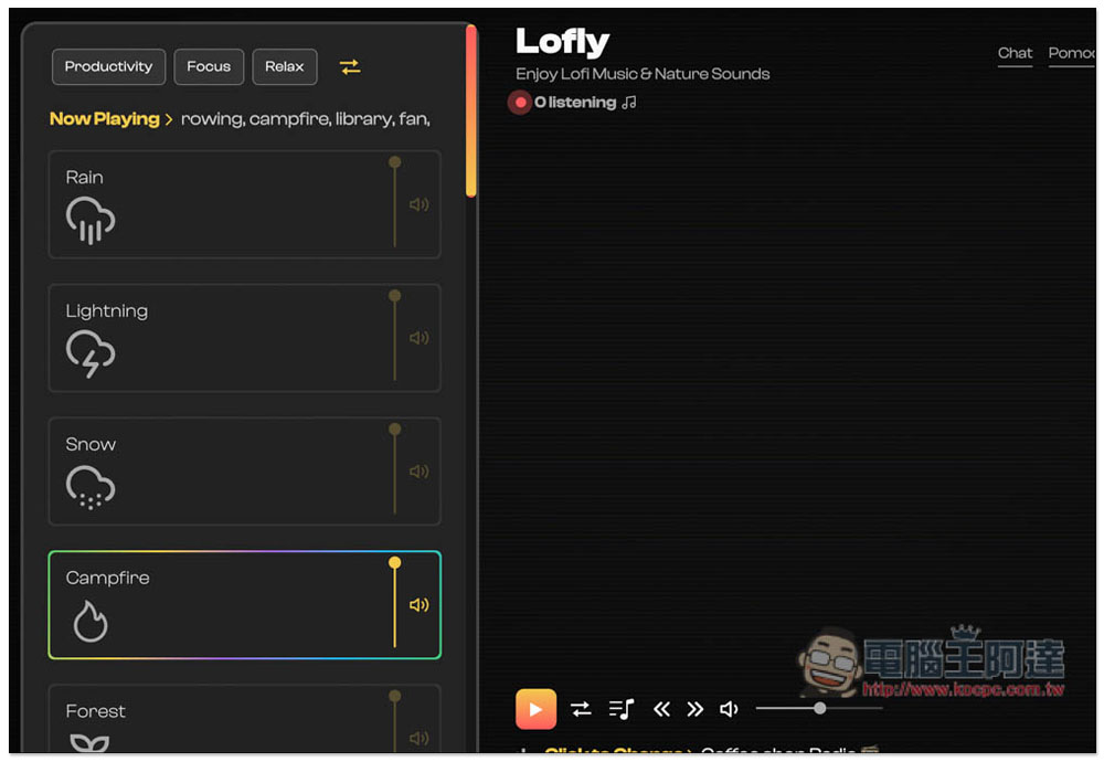 Lofly 提供 Loft 與大自然音樂的免費線上播放器，讓你工作、讀書更專注 - 電腦王阿達