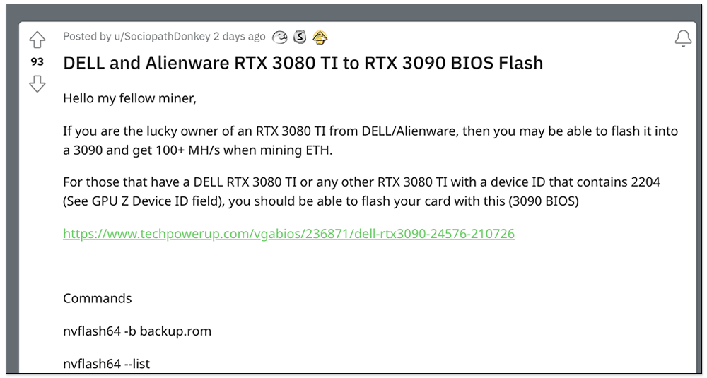 國外礦工將 NVIDIA GeForce RTX 3080 Ti 刷 RTX 3090 的 BIOS，成功破解並獲得 110 MH/s 的挖礦算力 - 電腦王阿達