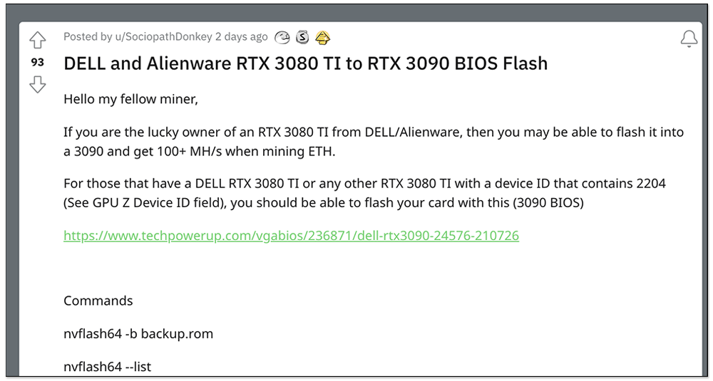 國外礦工將 NVIDIA GeForce RTX 3080 Ti 刷 RTX 3090 的 BIOS,成功破解並獲得 110 MH/s 的挖礦算力 - 電腦王阿達 國外礦工將 NVIDIA GeForce RTX 3080 Ti 刷 RTX 3090 的 BIOS,成功破解並獲得 110 MH/s 的挖礦算力 - 電腦王阿達