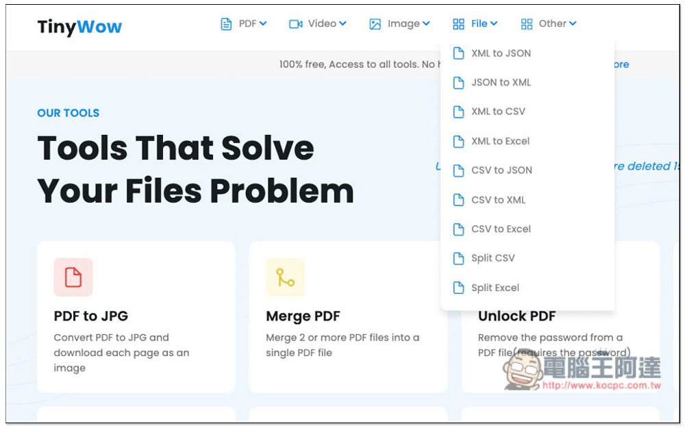 TinyWow 標榜解決你所有文件問題的免費線上工具，PDF 功能、影片與圖片轉檔、Facebook 下載等都有 - 電腦王阿達