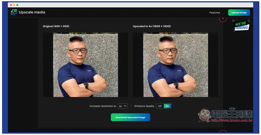 Upscale.media 利用 AI 將圖片、照片放大 4 倍的免費線上工具，無失真，內建提升品質功能 - 電腦王阿達
