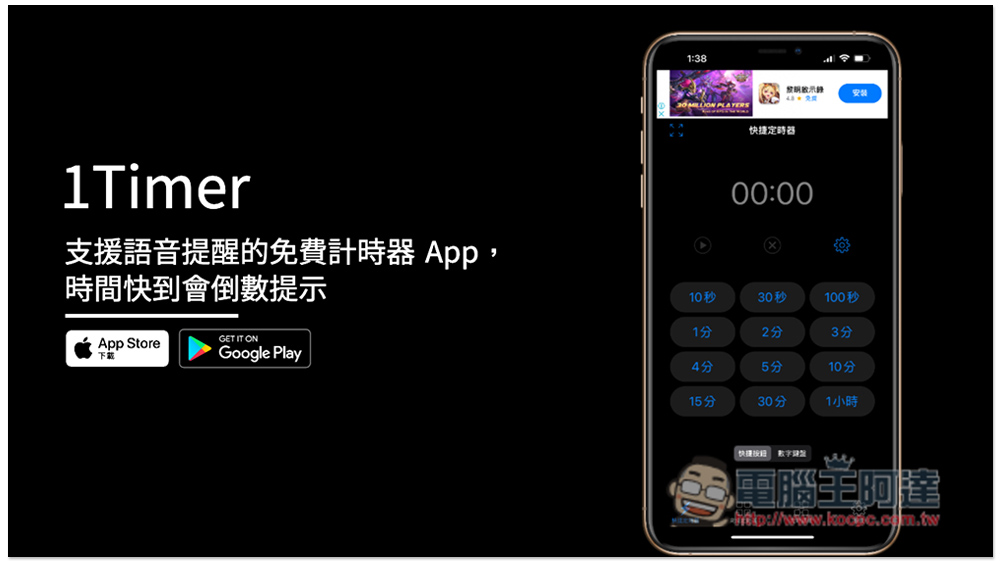 1Timer 支援語音提醒的免費計時器 App，時間快到會倒數提示 - 電腦王阿達