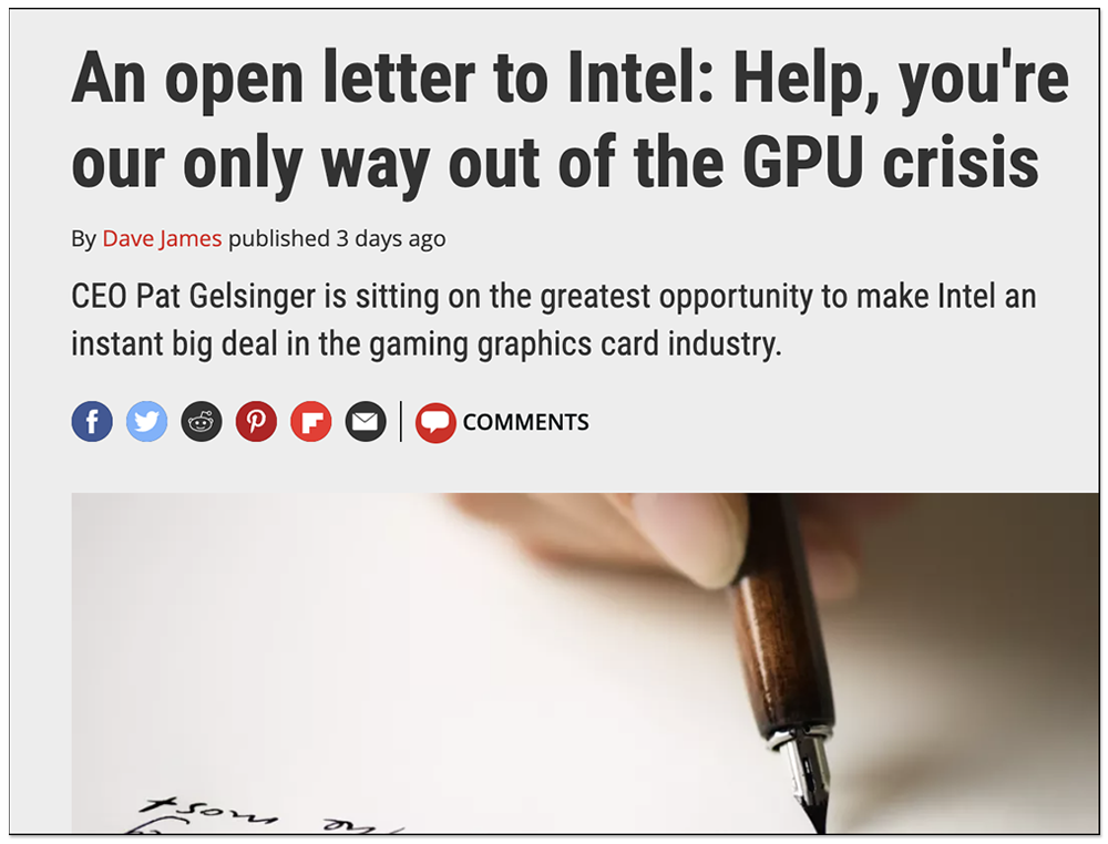 GPU 顯卡缺貨嚴重到連外媒都寫公開信求助 Intel：你是我們走出這危機的唯一途徑 - 電腦王阿達