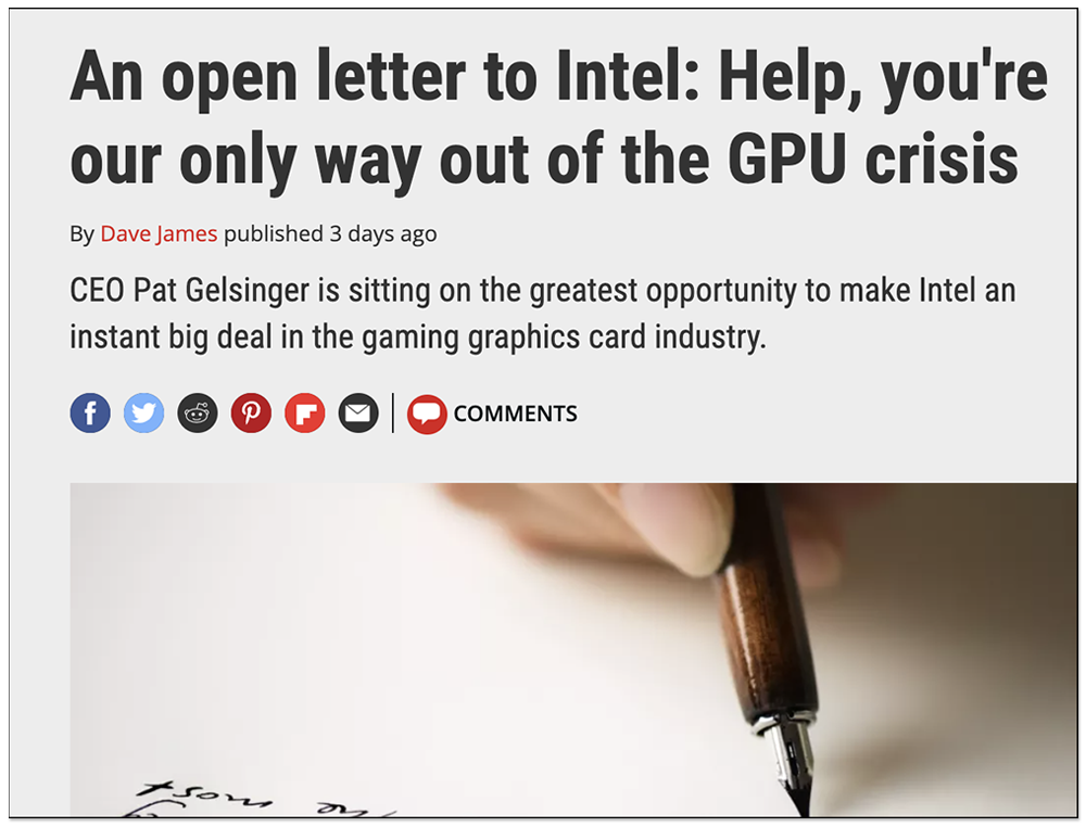 GPU 顯卡缺貨嚴重到連外媒都寫公開信求助 Intel:你是我們走出這危機的唯一途徑 - 電腦王阿達 GPU 顯卡缺貨嚴重到連外媒都寫公開信求助 Intel:你是我們走出這危機的唯一途徑 - 電腦王阿達
