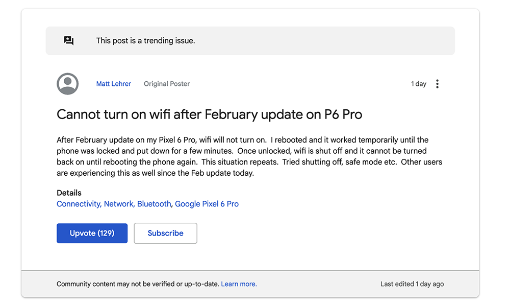 多位 Pixel 6 和 Pixel 6 Pro 用戶反應安裝 2 月更新後,出現 Wi-Fi 故障問題 - 電腦王阿達 多位 Pixel 6 和 Pixel 6 Pro 用戶反應安裝 2 月更新後,出現 Wi-Fi 故障問題 - 電腦王阿達