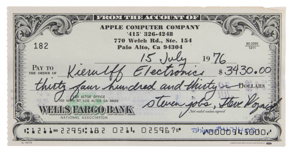 Steve Jobs 於 1976 年簽署的 3,430 美金支票,在拍賣會上已賣超過了 45,000 美金 - 電腦王阿達 Steve Jobs 於 1976 年簽署的 3,430 美金支票,在拍賣會上已賣超過了 45,000 美金 - 電腦王阿達