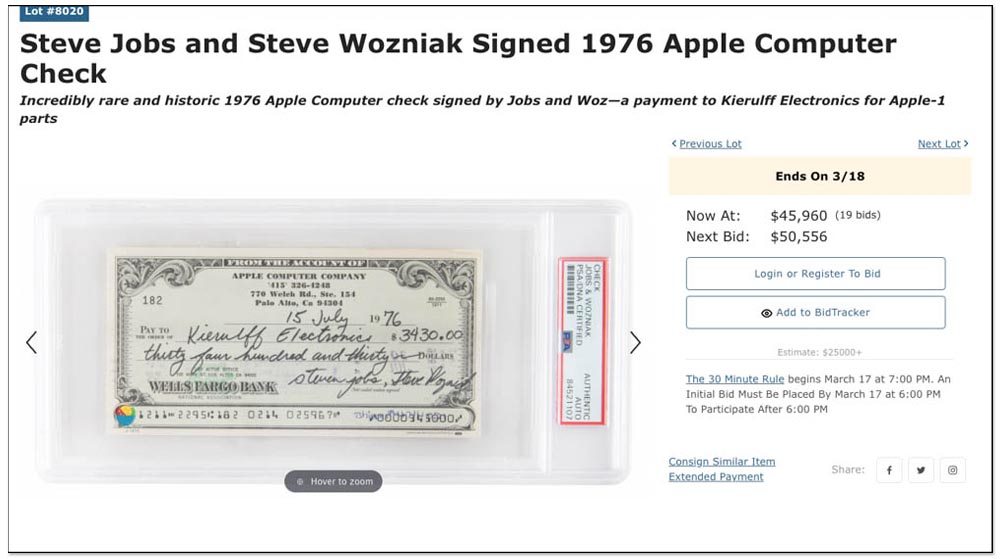 Steve Jobs 於 1976 年簽署的 3,430 美金支票,在拍賣會上已賣超過了 45,000 美金 - 電腦王阿達 Steve Jobs 於 1976 年簽署的 3,430 美金支票,在拍賣會上已賣超過了 45,000 美金 - 電腦王阿達