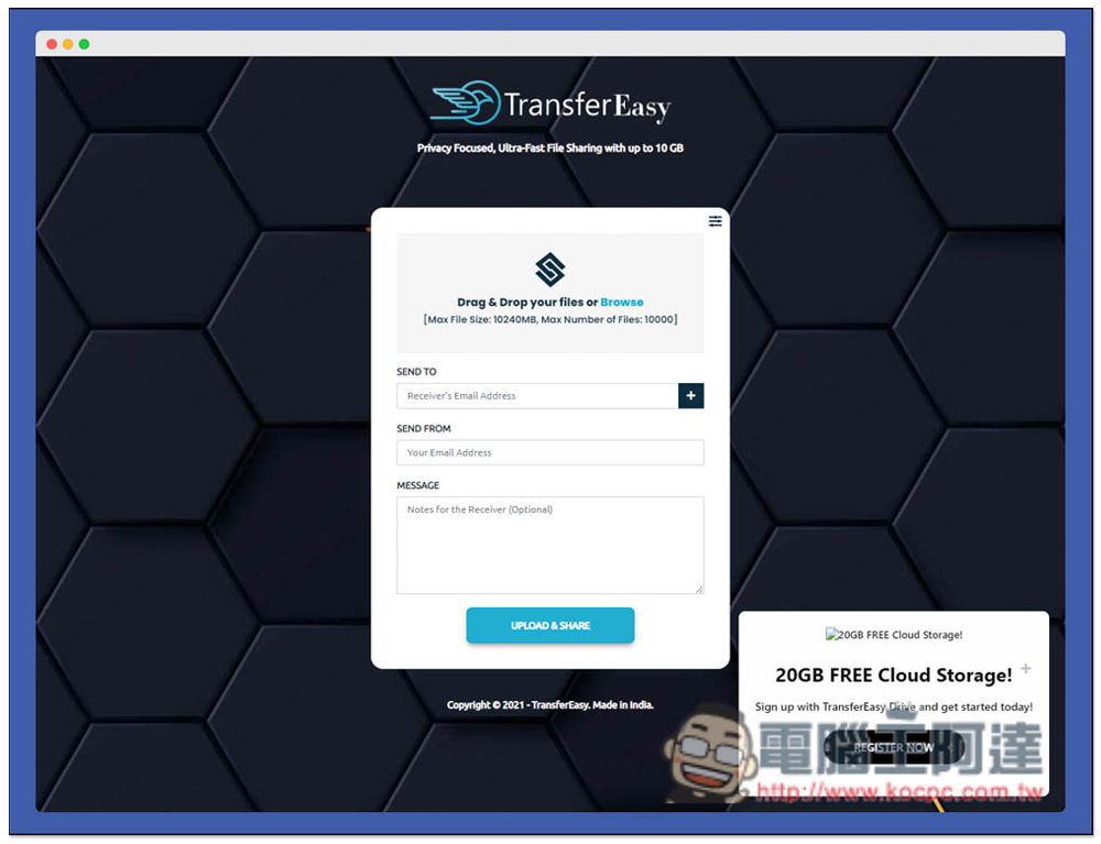TransferEasy 線上免費檔案分享服務,單檔最大 10GB,最多 10000 個檔案,提供 Email 與連結下載功能 - 電腦王阿達 TransferEasy 線上免費檔案分享服務,單檔最大 10GB,最多 10000 個檔案,提供 Email 與連結下載功能 - 電腦王阿達