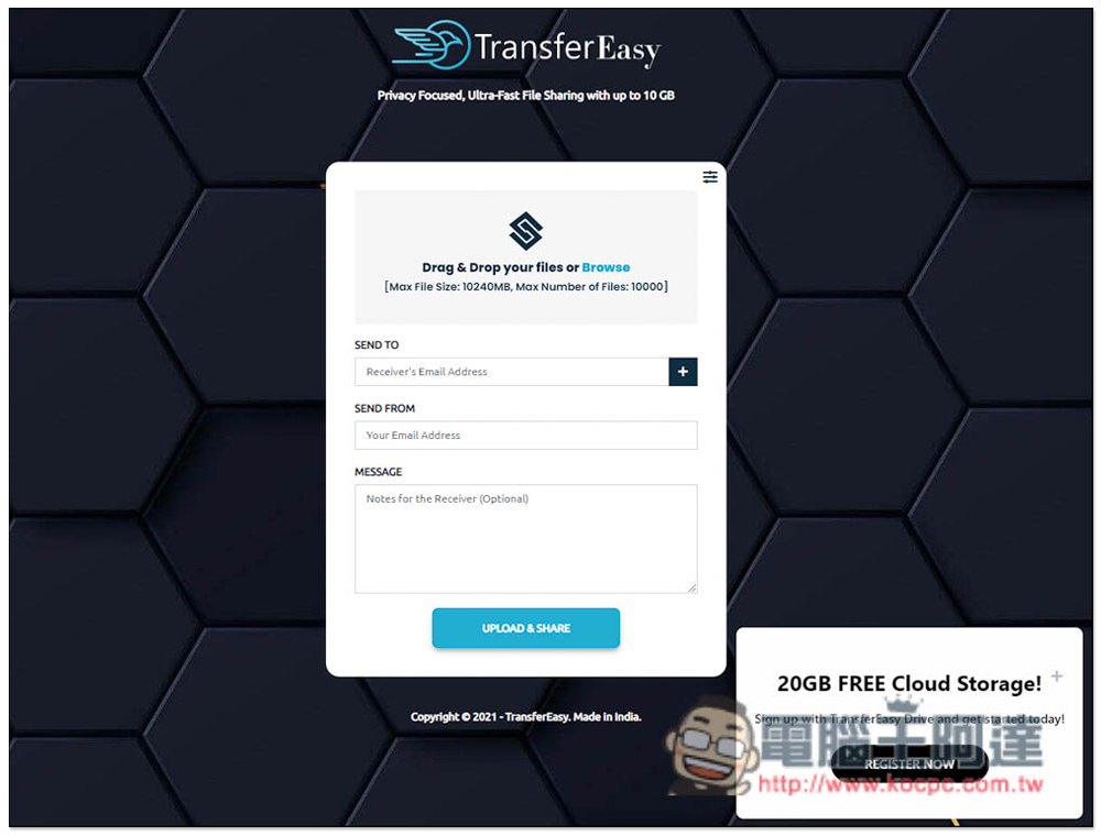 TransferEasy 線上免費檔案分享服務,單檔最大 10GB,最多 10000 個檔案,提供 Email 與連結下載功能 - 電腦王阿達 TransferEasy 線上免費檔案分享服務,單檔最大 10GB,最多 10000 個檔案,提供 Email 與連結下載功能 - 電腦王阿達