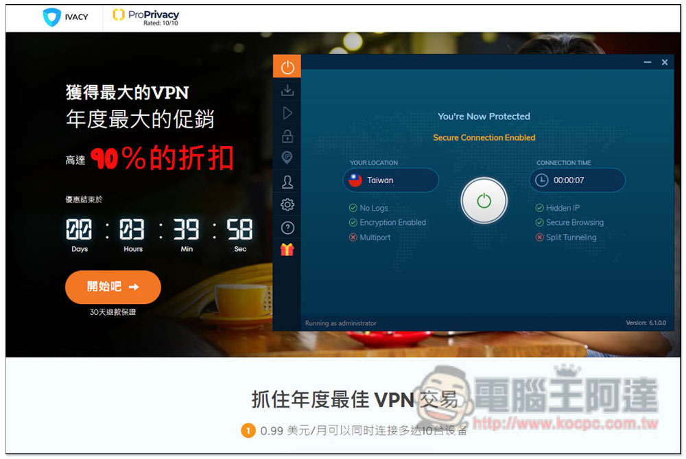 即將結束！優質 VPN 5 年方案每月只需 1 美金，速度快、上網更安全 - 電腦王阿達