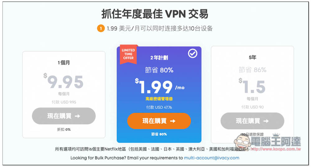 每月只需 1.99 美金!輕鬆入手兼具安全性、速度、解鎖能力的優質 VPN,還送密碼管理工具 - 電腦王阿達 每月只需 1.99 美金!輕鬆入手兼具安全性、速度、解鎖能力的優質 VPN,還送密碼管理工具 - 電腦王阿達