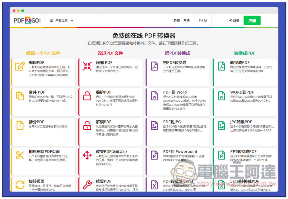 PDF2Go 線上 PDF 全能免費工具,編輯、轉檔、解鎖、優化等功能都有 - 電腦王阿達 PDF2Go 線上 PDF 全能免費工具,編輯、轉檔、解鎖、優化等功能都有 - 電腦王阿達
