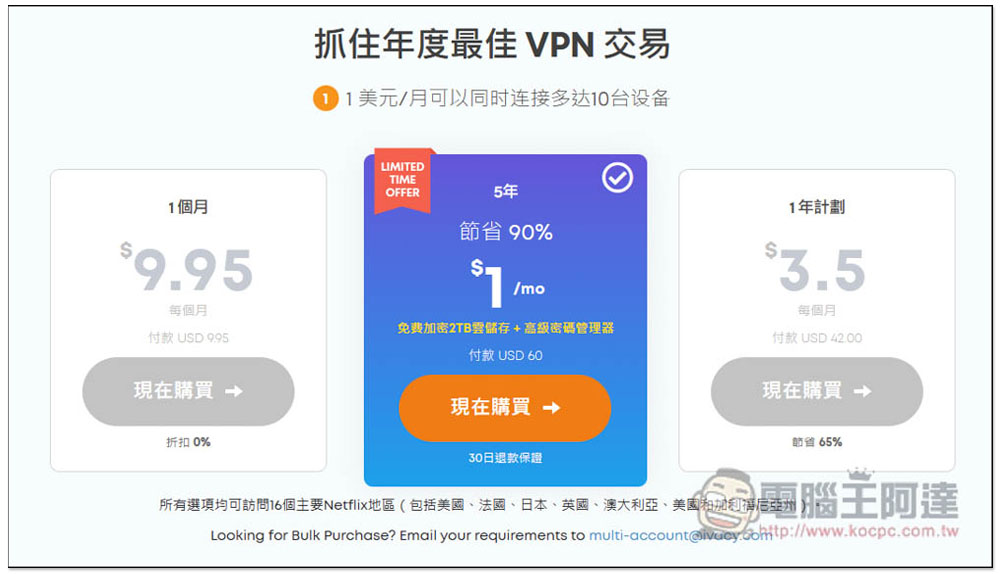 VPN 優惠即將結束!5 年方案換算每月只需 1 美金,輕鬆擁有更安全的上網、看 Netflix、YouTube 隱藏影片 - 電腦王阿達 VPN 優惠即將結束!5 年方案換算每月只需 1 美金,輕鬆擁有更安全的上網、看 Netflix、YouTube 隱藏影片 - 電腦王阿達