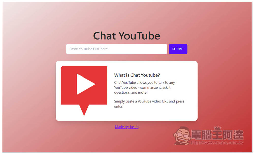 Chat YouTube 丟影片網址,就能向 AI 提問影片內容、做總結、以及其他你想知道的事情 - 電腦王阿達 Chat YouTube 丟影片網址,就能向 AI 提問影片內容、做總結、以及其他你想知道的事情 - 電腦王阿達
