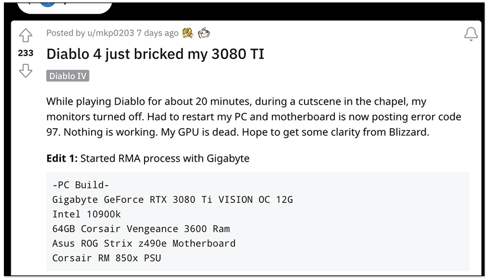 國外多位玩家反應,RTX 3080 Ti 顯卡在玩《暗黑破壞神 4》測試版時無故變磚 - 電腦王阿達 國外多位玩家反應,RTX 3080 Ti 顯卡在玩《暗黑破壞神 4》測試版時無故變磚 - 電腦王阿達