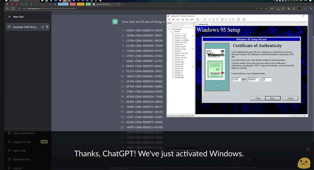 國外 YouTuber 展示他用 ChatGPT 破解 Windows 95 啟用序號的過程 - 電腦王阿達