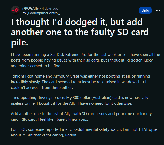 ASUS ROG Ally 傳災情,大量網友反應過熱導致 Micro SD 記憶卡故障、壞掉 - 電腦王阿達 ASUS ROG Ally 傳災情,大量網友反應過熱導致 Micro SD 記憶卡故障、壞掉 - 電腦王阿達