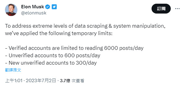 馬斯克表示Twitter將限制用戶每日瀏覽數 - 電腦王阿達 馬斯克表示Twitter將限制用戶每日瀏覽數 - 電腦王阿達