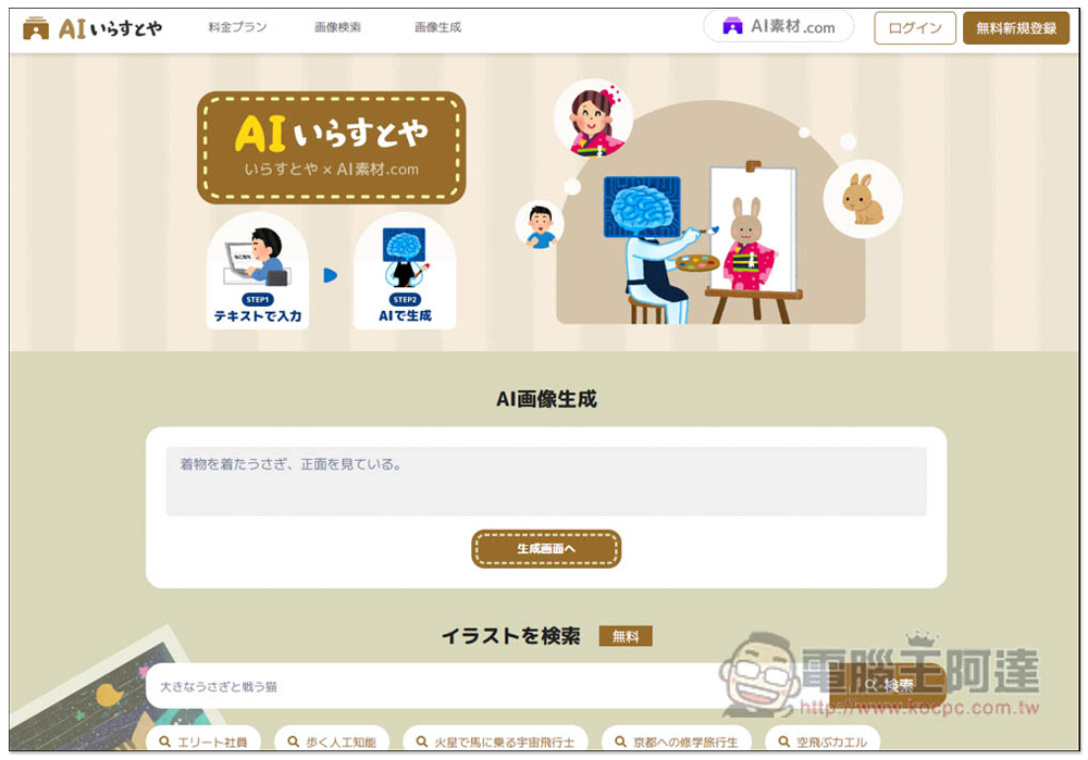 「AI いらすとや」由日本知名圖庫推出的 AI 插圖產生器，輸入描述就能生成可愛的日式插圖 - 電腦王阿達