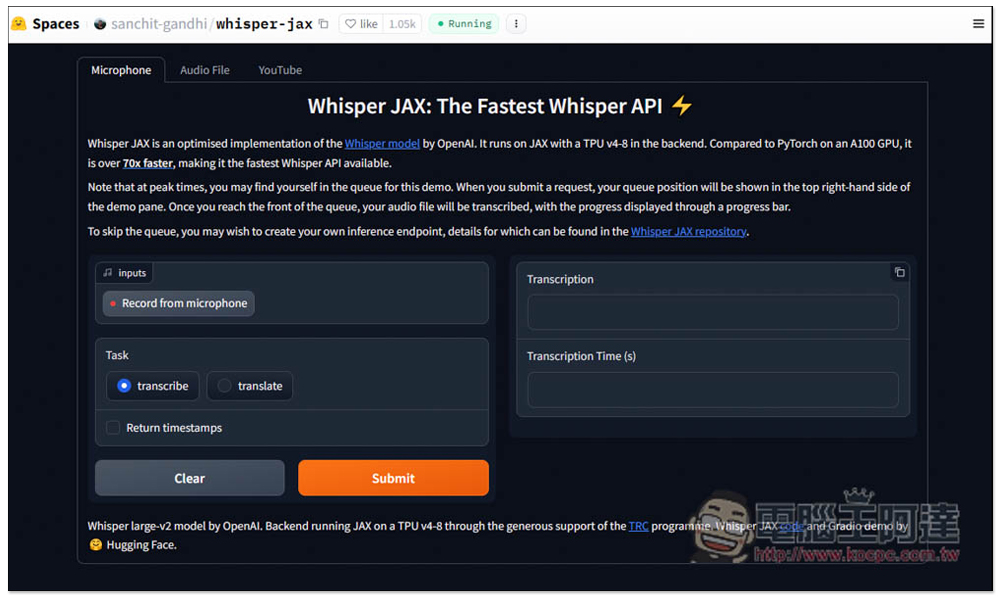 Whisper JAX 超強語音轉文字免費 AI 工具,8 分鐘影片不到 5 秒就轉完 - 電腦王阿達 Whisper JAX 超強語音轉文字免費 AI 工具,8 分鐘影片不到 5 秒就轉完 - 電腦王阿達