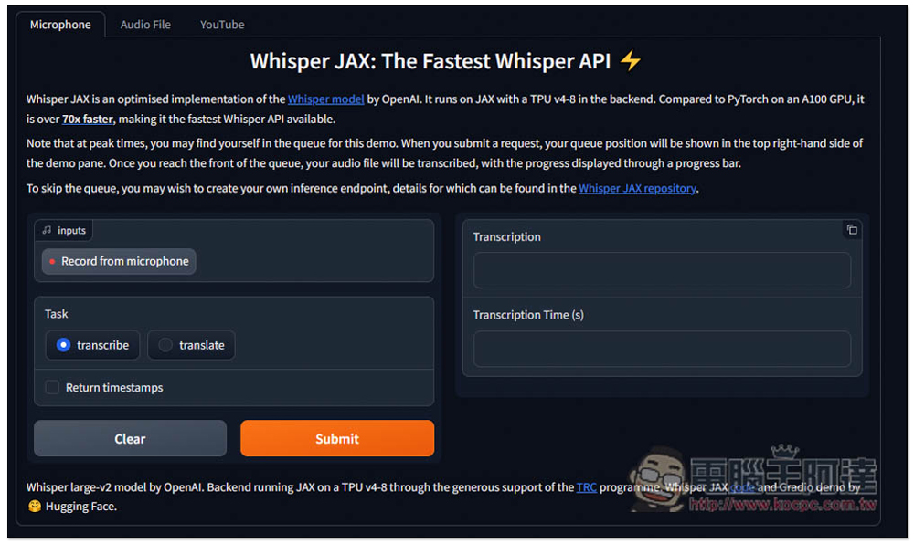 Whisper JAX 超強語音轉文字免費 AI 工具,8 分鐘影片不到 5 秒就轉完 - 電腦王阿達 Whisper JAX 超強語音轉文字免費 AI 工具,8 分鐘影片不到 5 秒就轉完 - 電腦王阿達