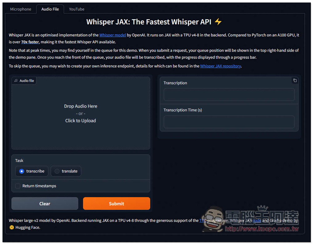 Whisper JAX 超強語音轉文字免費 AI 工具,8 分鐘影片不到 5 秒就轉完 - 電腦王阿達 Whisper JAX 超強語音轉文字免費 AI 工具,8 分鐘影片不到 5 秒就轉完 - 電腦王阿達