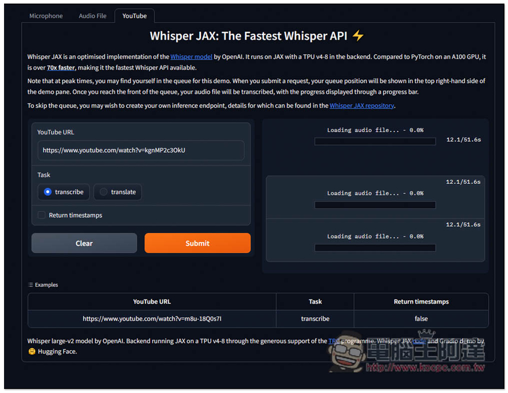 Whisper JAX 超強語音轉文字免費 AI 工具,8 分鐘影片不到 5 秒就轉完 - 電腦王阿達 Whisper JAX 超強語音轉文字免費 AI 工具,8 分鐘影片不到 5 秒就轉完 - 電腦王阿達